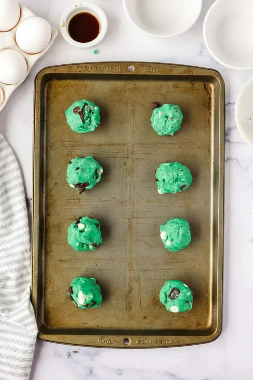 Green cookie dough balls with chocolate chips on a baking sheet surrounded by baking ingredients and bowls.