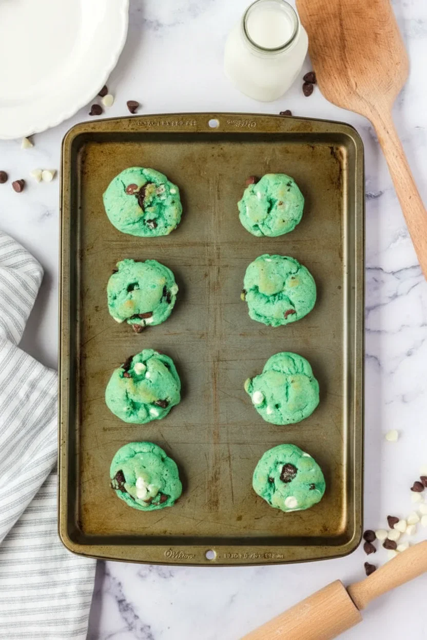 Freshly baked mint-green cookies with chocolate chips on a baking sheet, surrounded by baking ingredients.