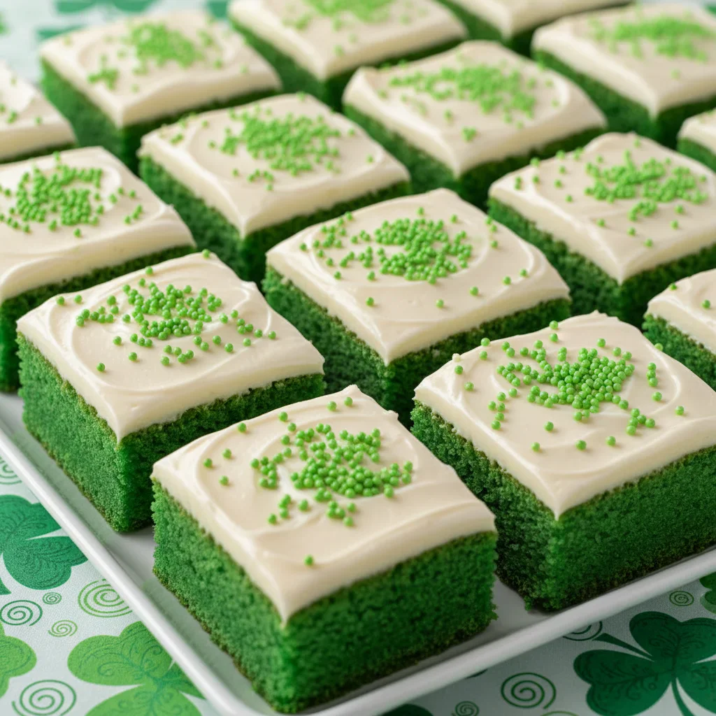 Square dessert bars with green base, white topping, and green sprinkles on a white tray.