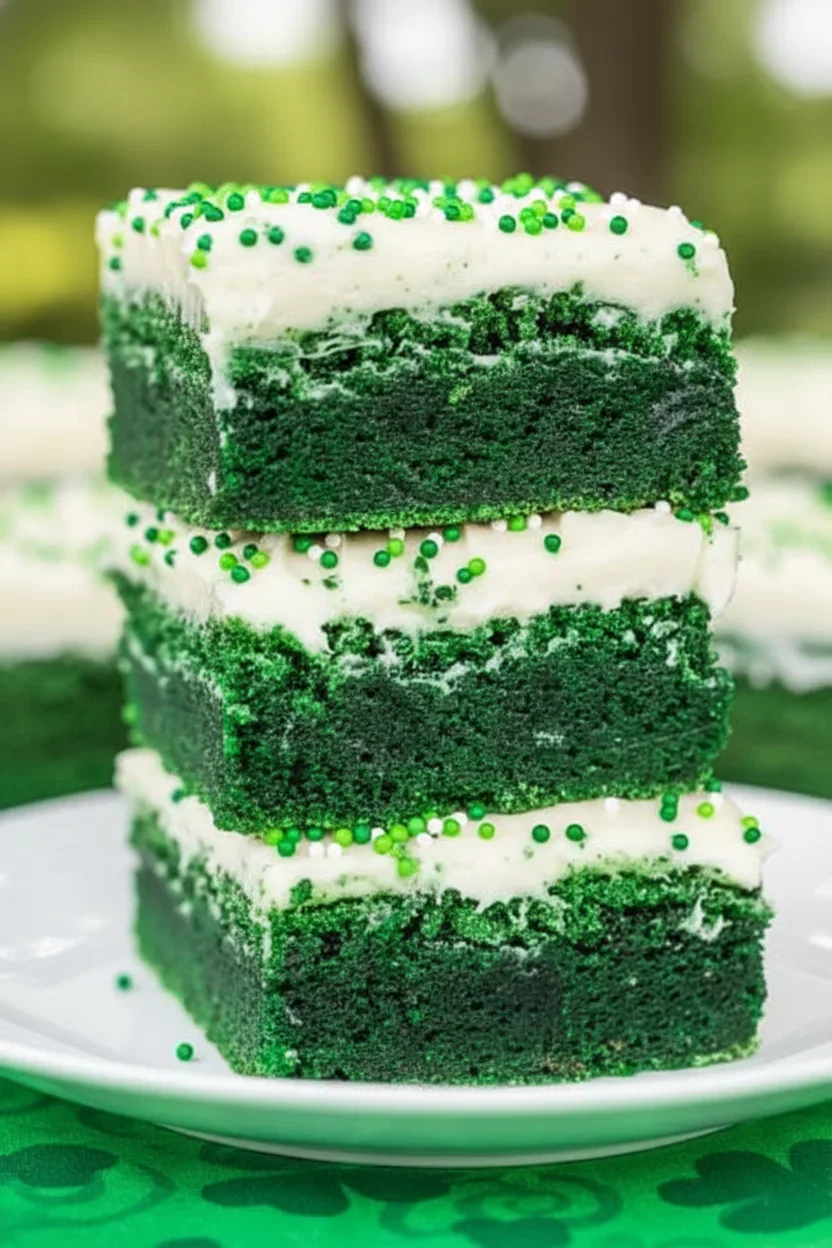Three-layered green velvet cake with white frosting and green sprinkles on a white plate.