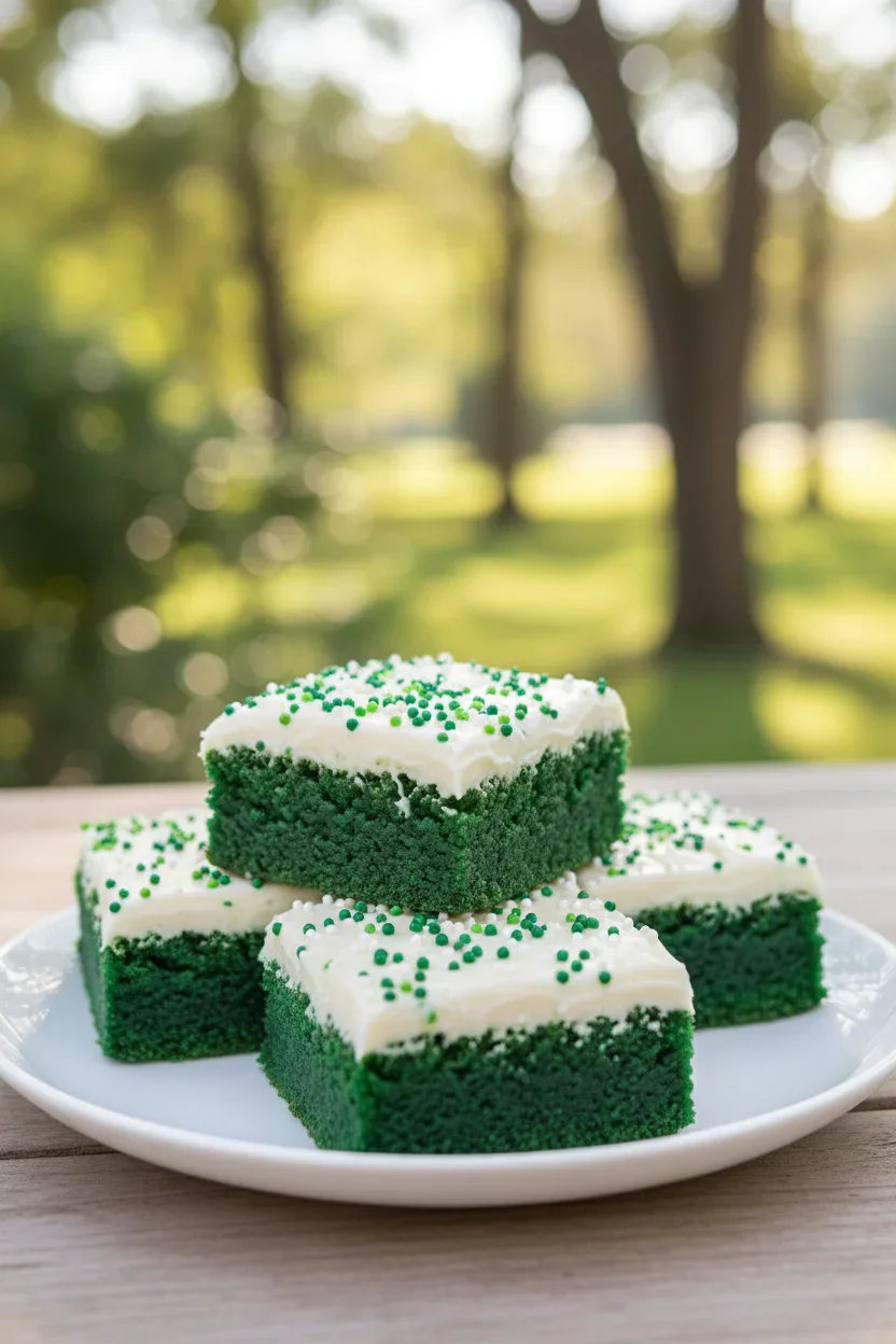 Three green velvet brownies with white frosting and green sprinkles on a white plate, outdoors with greenery in background.