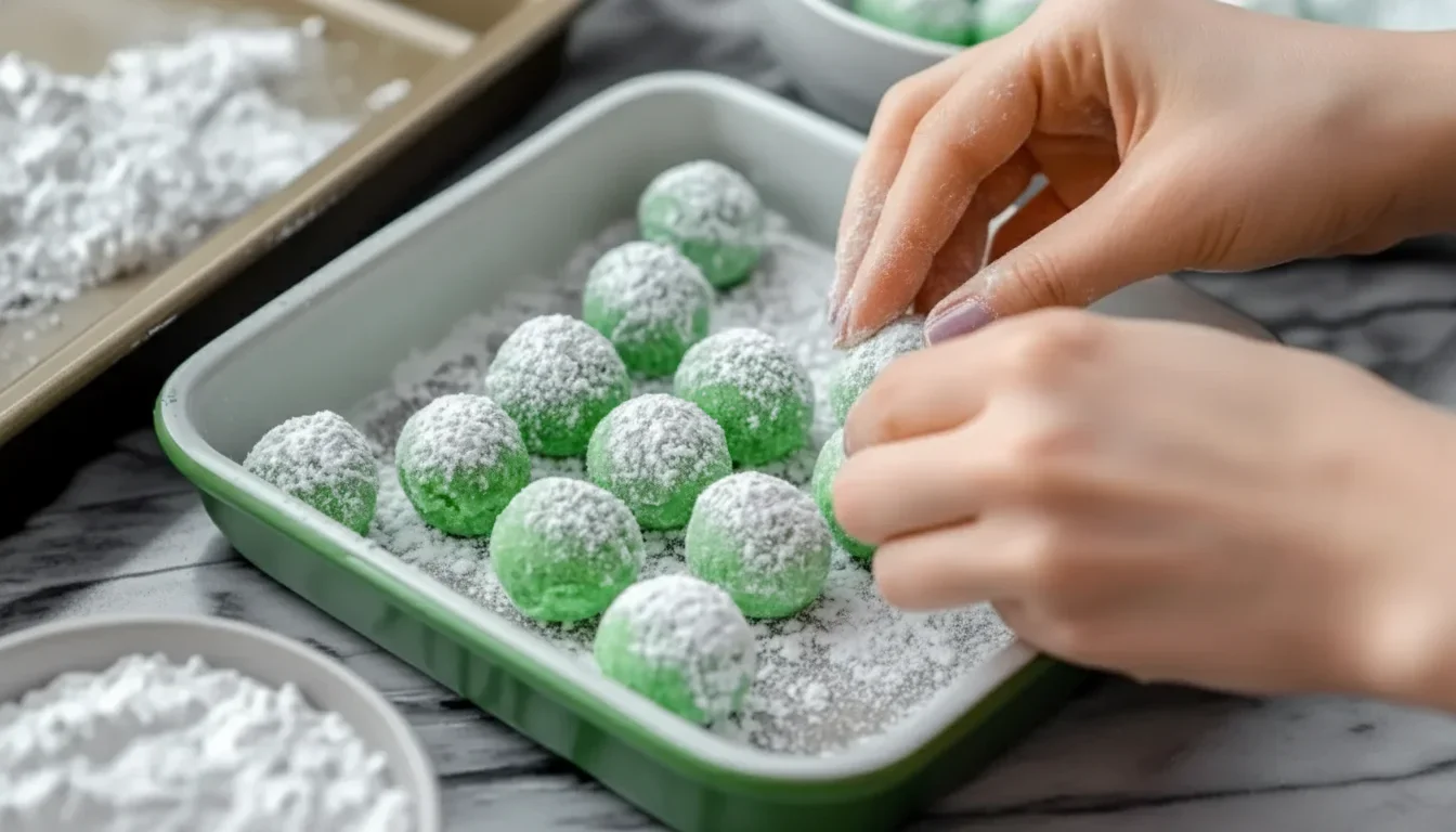 Hands shaping green spherical candies dusted with powdered sugar on a white tray.