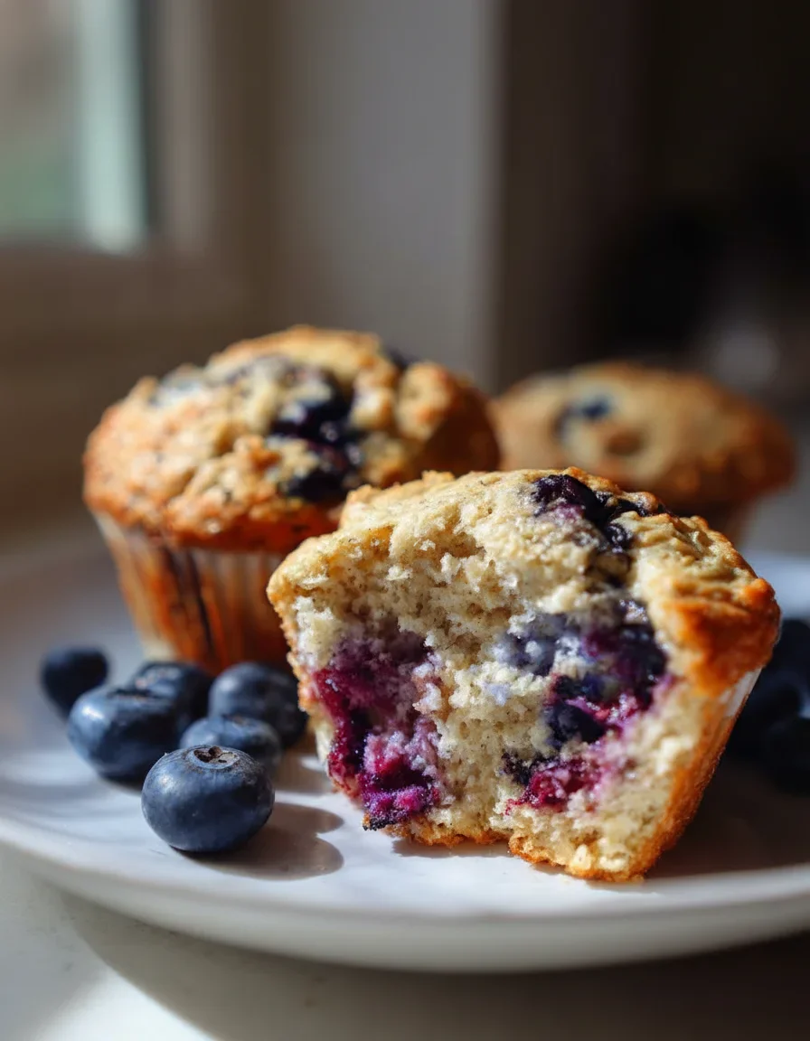 healthy-greek-yogurt-blueberry-protein-muffins.jpg Close-up of blueberry muffins with blueberries on a white plate, showing moist interior and golden crust.