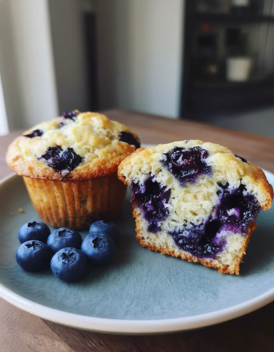 healthy-greek-yogurt-blueberry-protein-muffins-3.jpg Two blueberry muffins on a green plate with fresh blueberries, in a cozy kitchen setting.