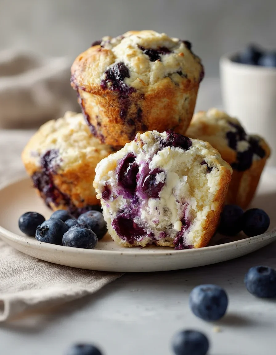 healthy-greek-yogurt-blueberry-protein-muffins-4.jpg Fresh blueberry muffins with blueberries spilling out, on a light plate with a bowl of blueberries in the background.