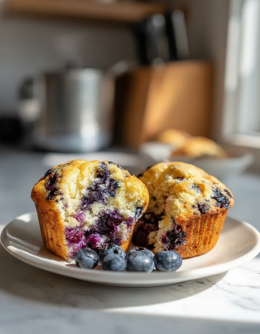 healthy-greek-yogurt-blueberry-protein-muffins-5.jpg Two blueberry muffins on a white plate with fresh blueberries in front, warm lighting highlights their texture.