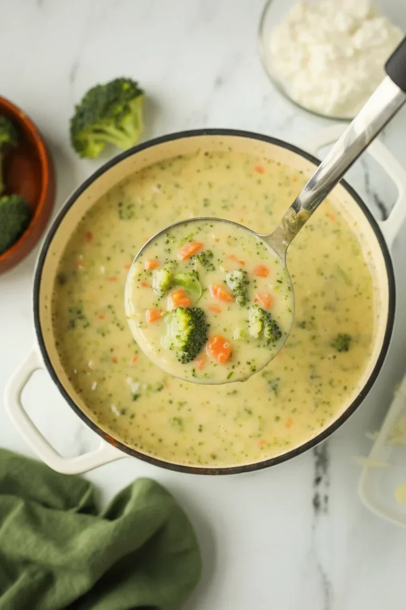 High Protein Broccoli Cheddar Soup Creamy broccoli cheddar soup with vibrant broccoli and carrots in a pot.