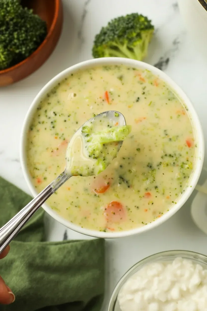 High Protein Broccoli Cheddar Soup Creamy broccoli cheddar soup topped with fresh broccoli florets and a spoonful of soup.