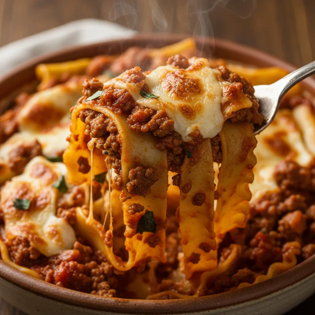 hirschmanna_httpss.mj_.runVGnbPHBXxl8_Eye-level_view_spoon_lif_45589c82-ad2a-4118-b4e4-791219c3675a_3_2_11zon-500x500.jpg Close-up of a fork lifting a piece of baked lasagna with meat sauce and melted cheese.