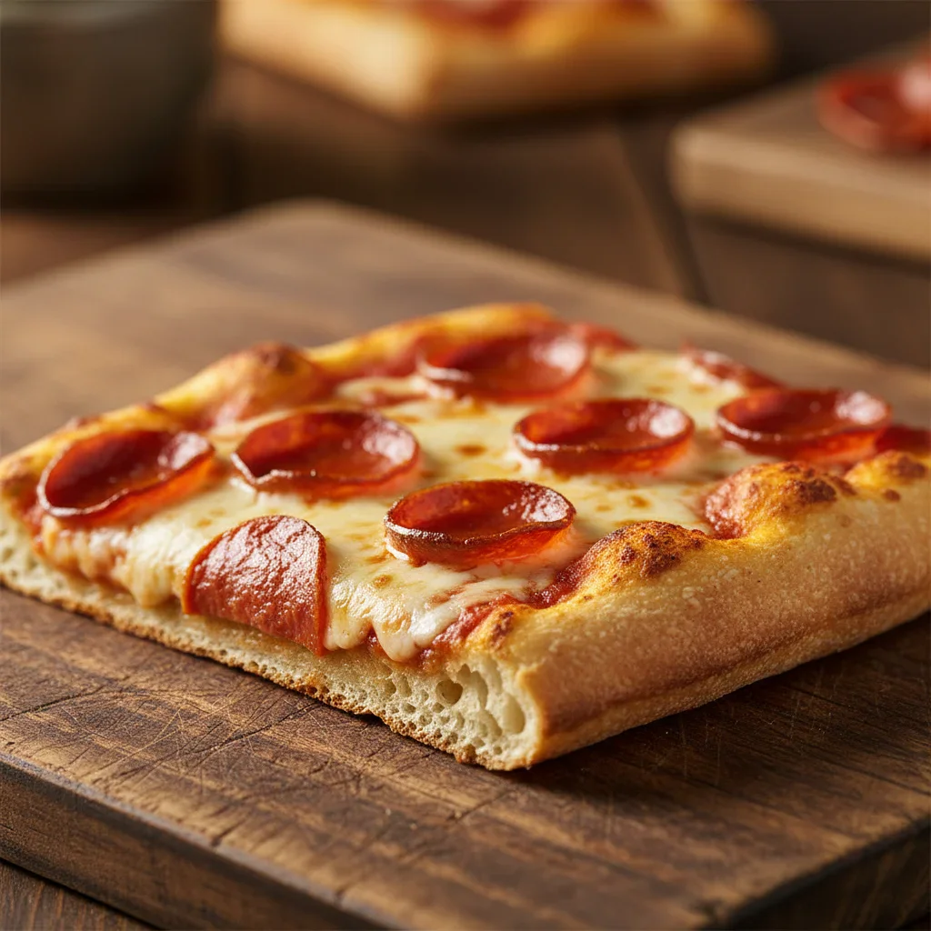 Close-up of a slice of pepperoni pizza with melted cheese and crispy edges on a wooden surface.
