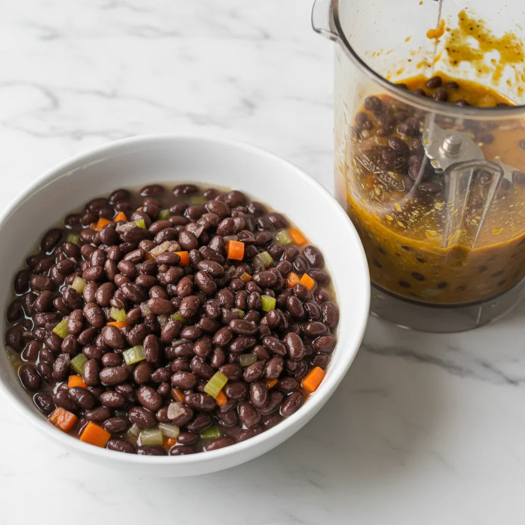 how-to-make-best-black-bean-soup.jpg Black beans and chopped vegetables in a blender ready to be blended for a recipe.