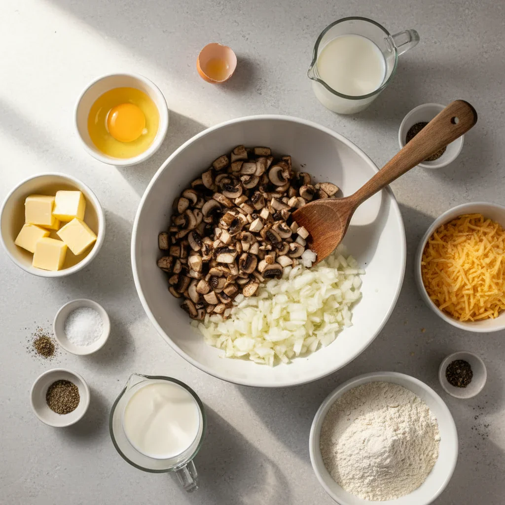 Assorted ingredients for cooking, including chopped mushrooms, onions, shredded cheese, and dairy products, arranged on a light surface.