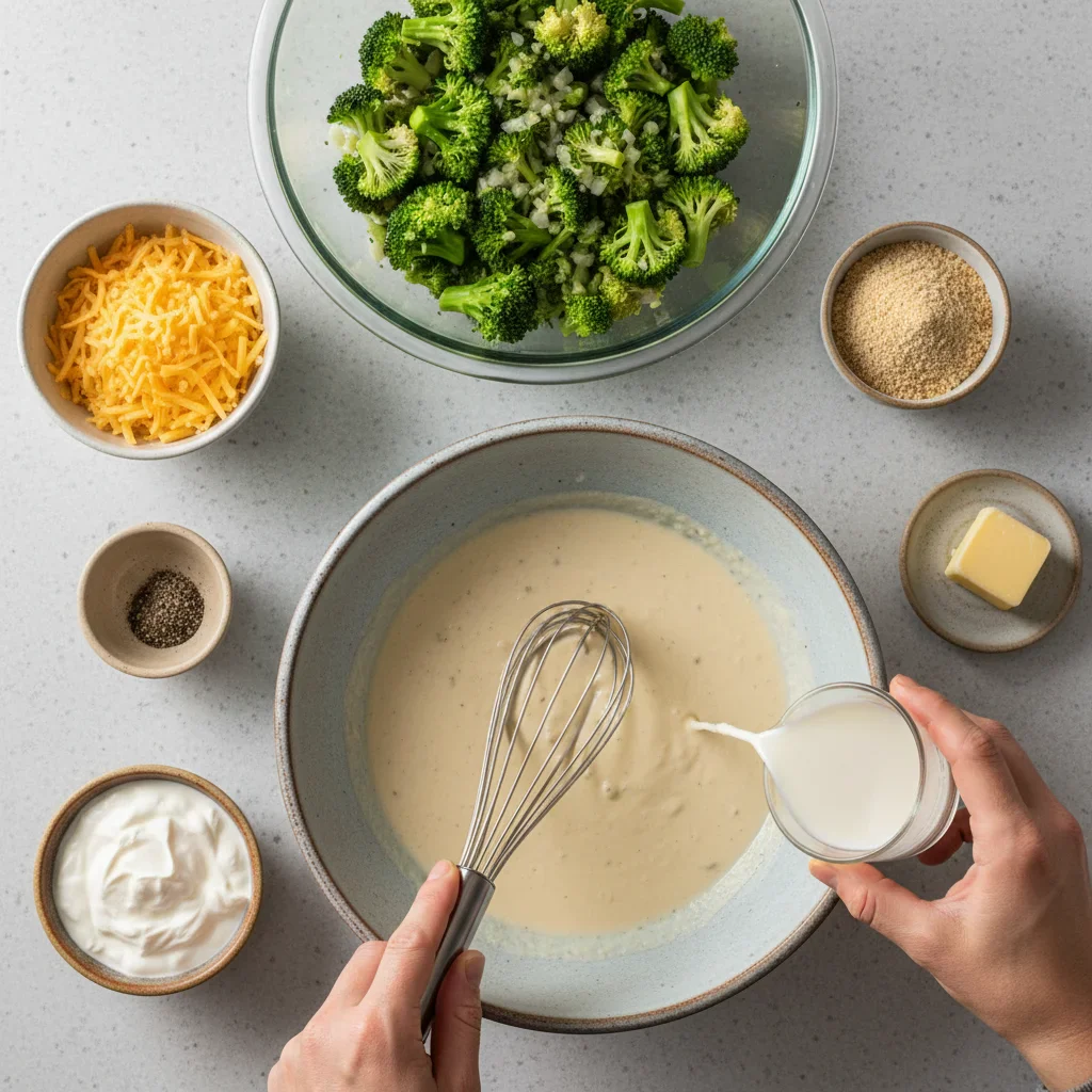 Countertop with broccoli, cheese, and dairy ingredients for casserole preparation.