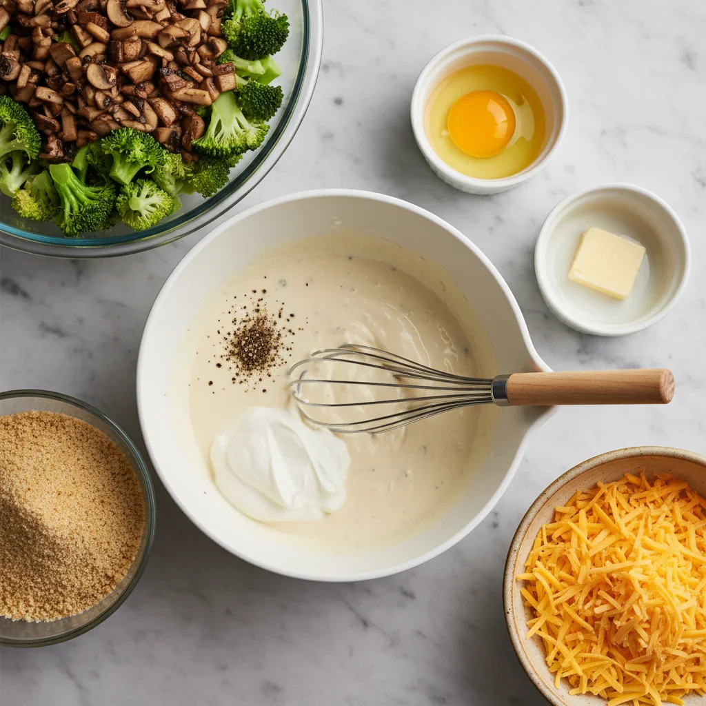 Ingredients arranged for a broccoli and cheese dish, including broccoli, cheese, eggs, and sauce.
