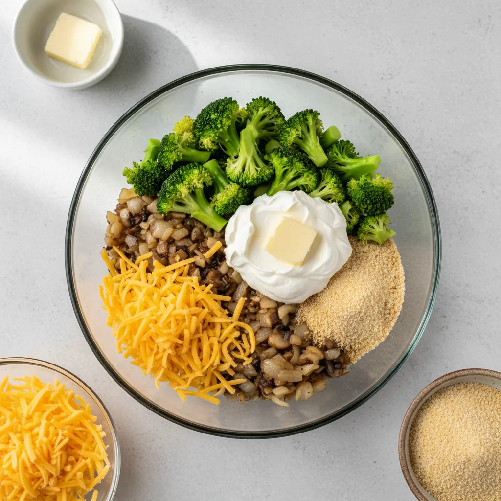 Assorted raw ingredients for cooking, including shredded cheese, chopped onions, broccoli, and seasonings, in bowls on a white surface.