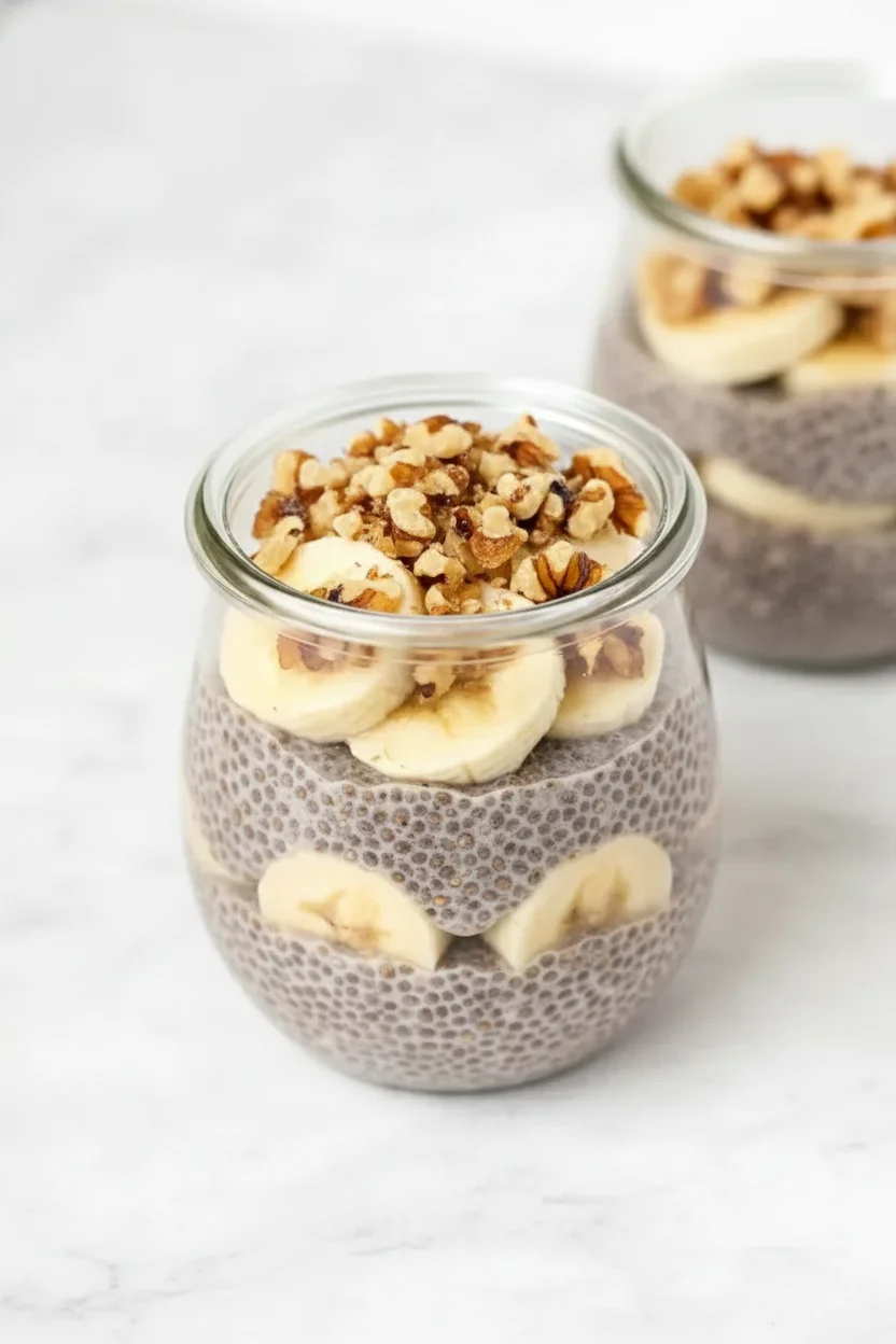 Layered banana chia pudding in a glass jar topped with banana slices and chopped walnuts.