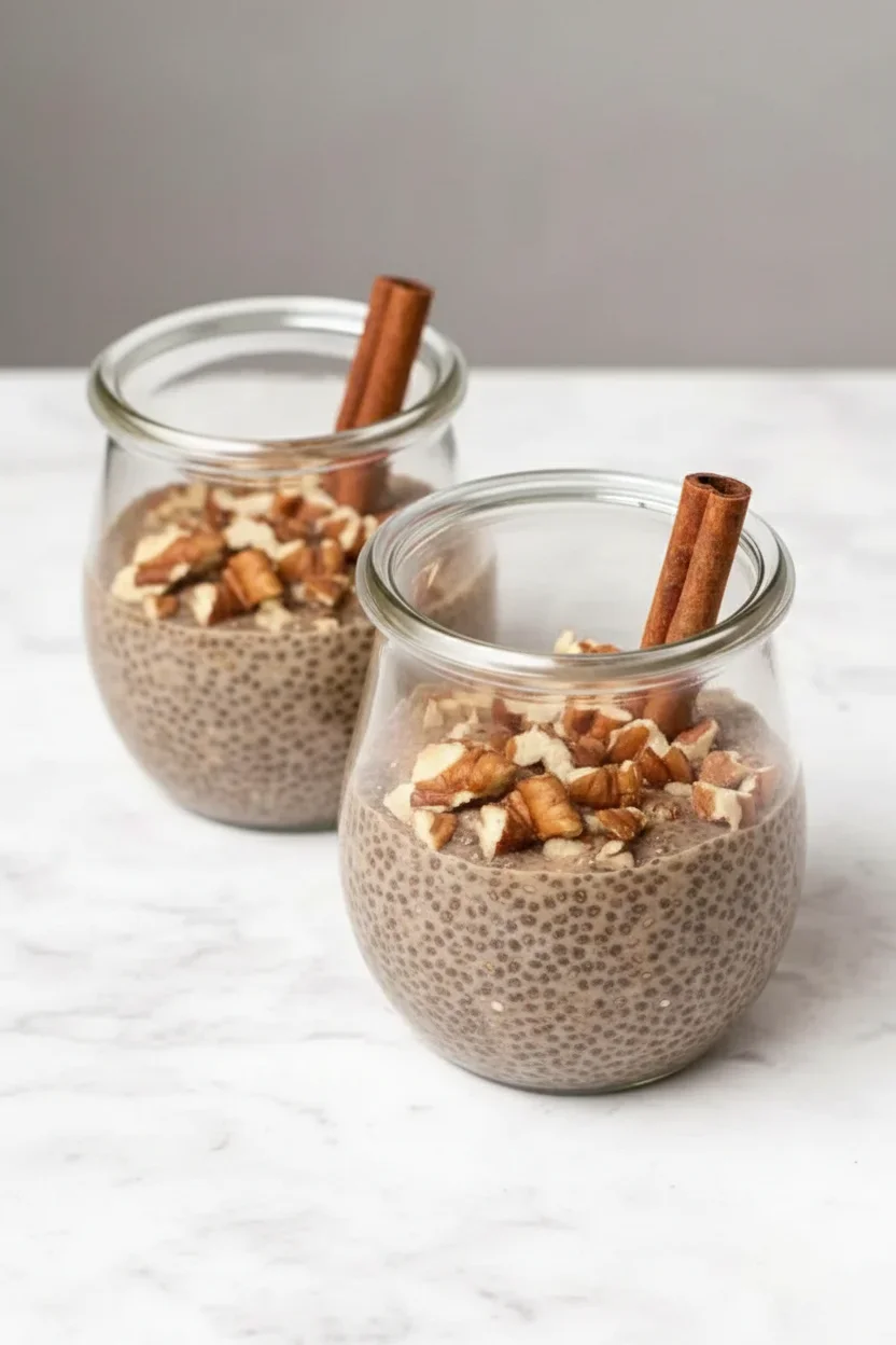 Two glass jars filled with chia seed pudding topped with walnuts and a cinnamon stick, on a light surface.