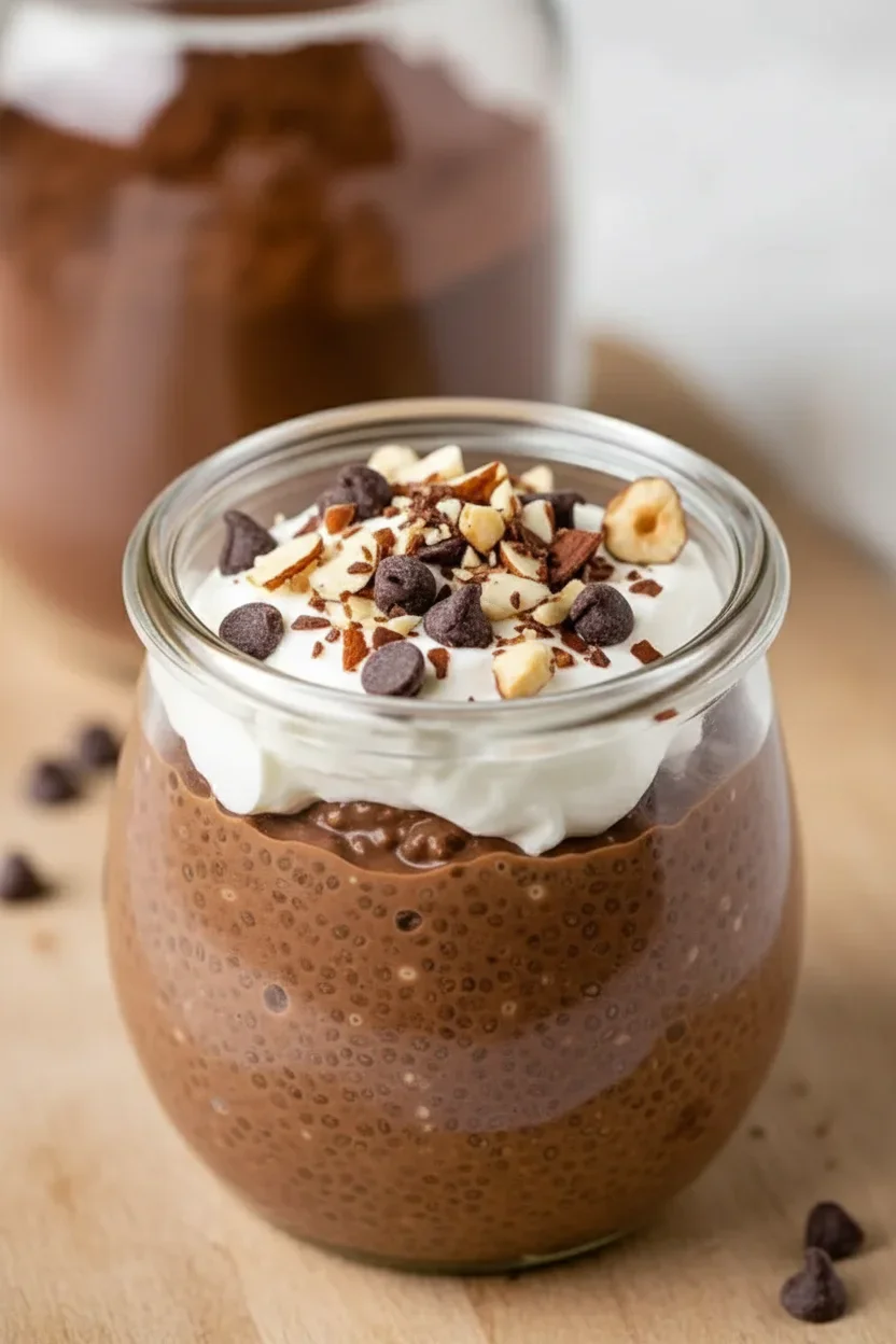 Chocolate mousse topped with whipped cream, chopped nuts, and chocolate chips in a glass jar.