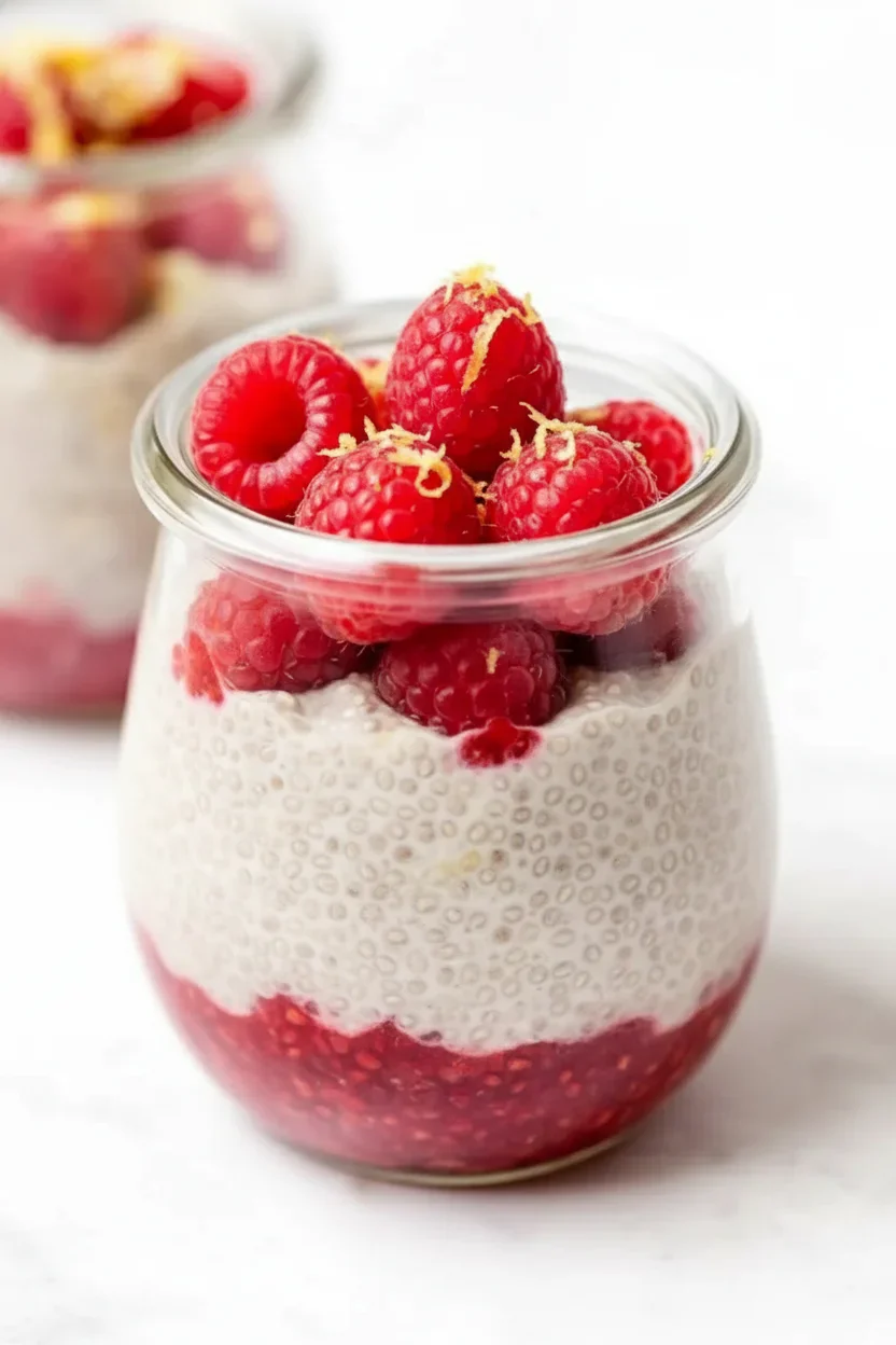 Glass jar filled with layered dessert of raspberries, creamy layer, and lemon zest, on a white background.