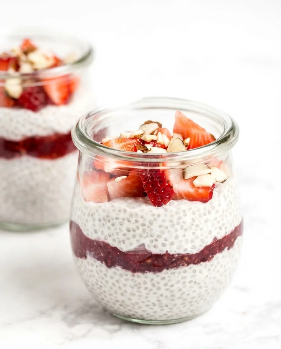 A glass jar filled with layered strawberry dessert, including fruit, creamy pudding, and nuts, on a white background.