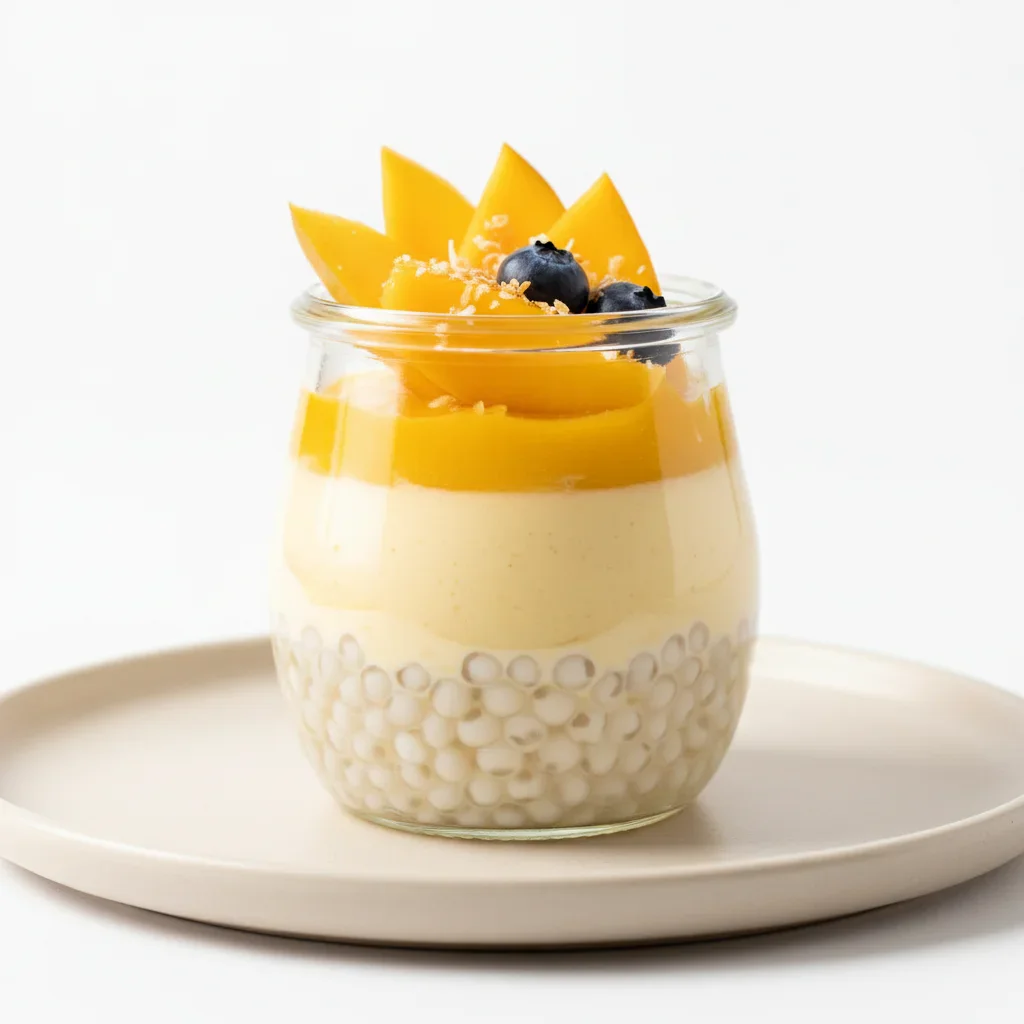 A glass jar filled with tapioca pearls, custard, and fruit slices, layered attractively for a dessert presentation.