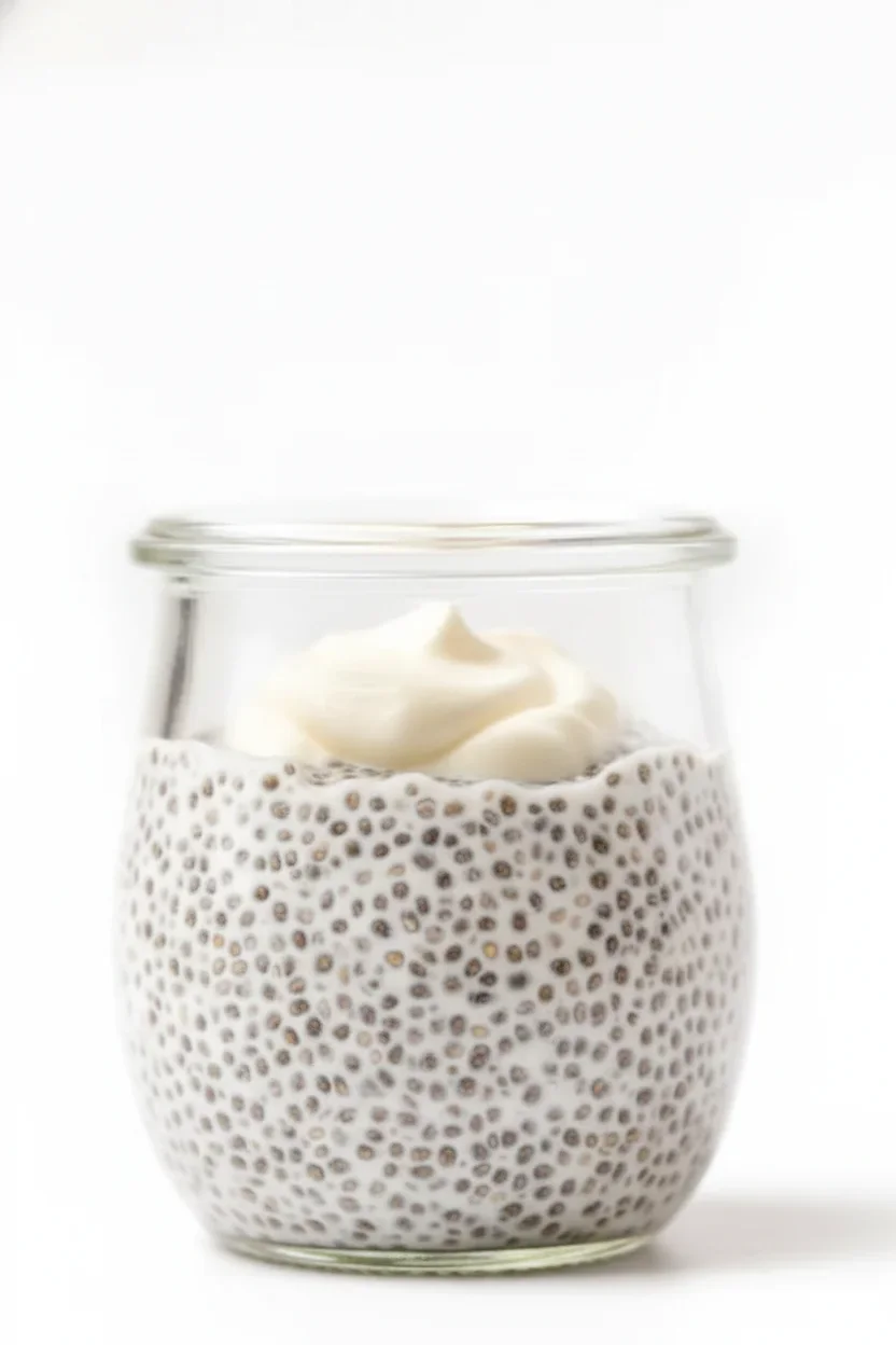 Glass jar filled with chia seed pudding topped with creamy yogurt, showing speckled texture and white color.