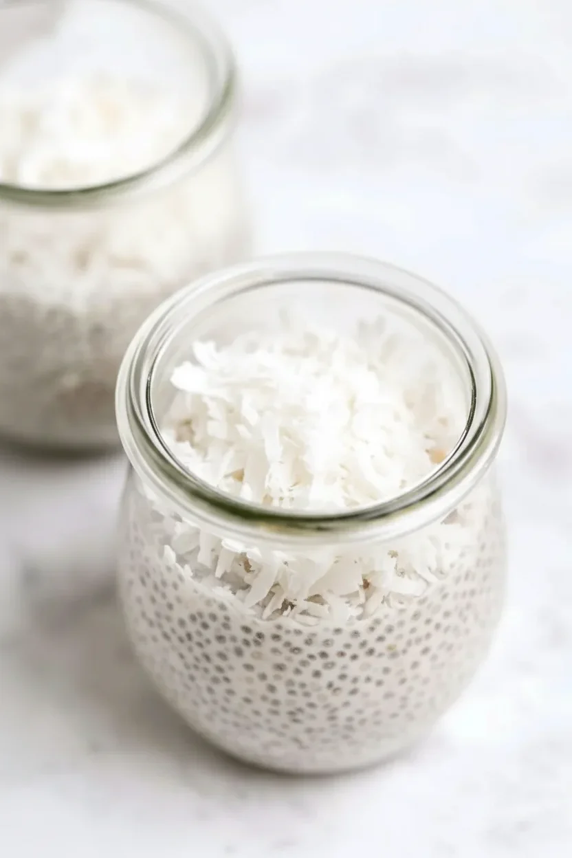 Clear jar filled with shredded coconut on a white surface, with a second jar in the background.