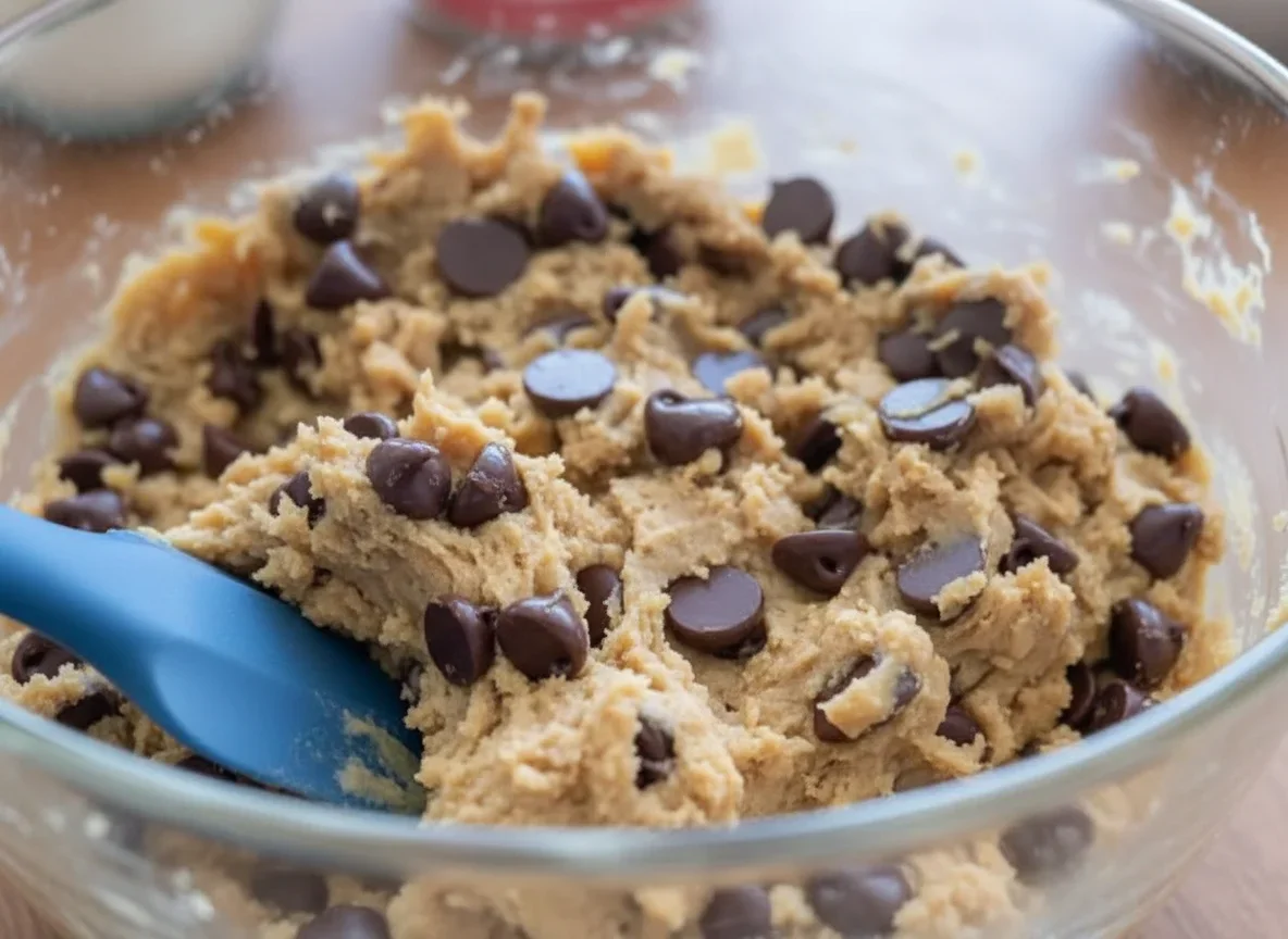 Close-up of cookie dough with chocolate chips in a bowl, with a blue spatula visible.
