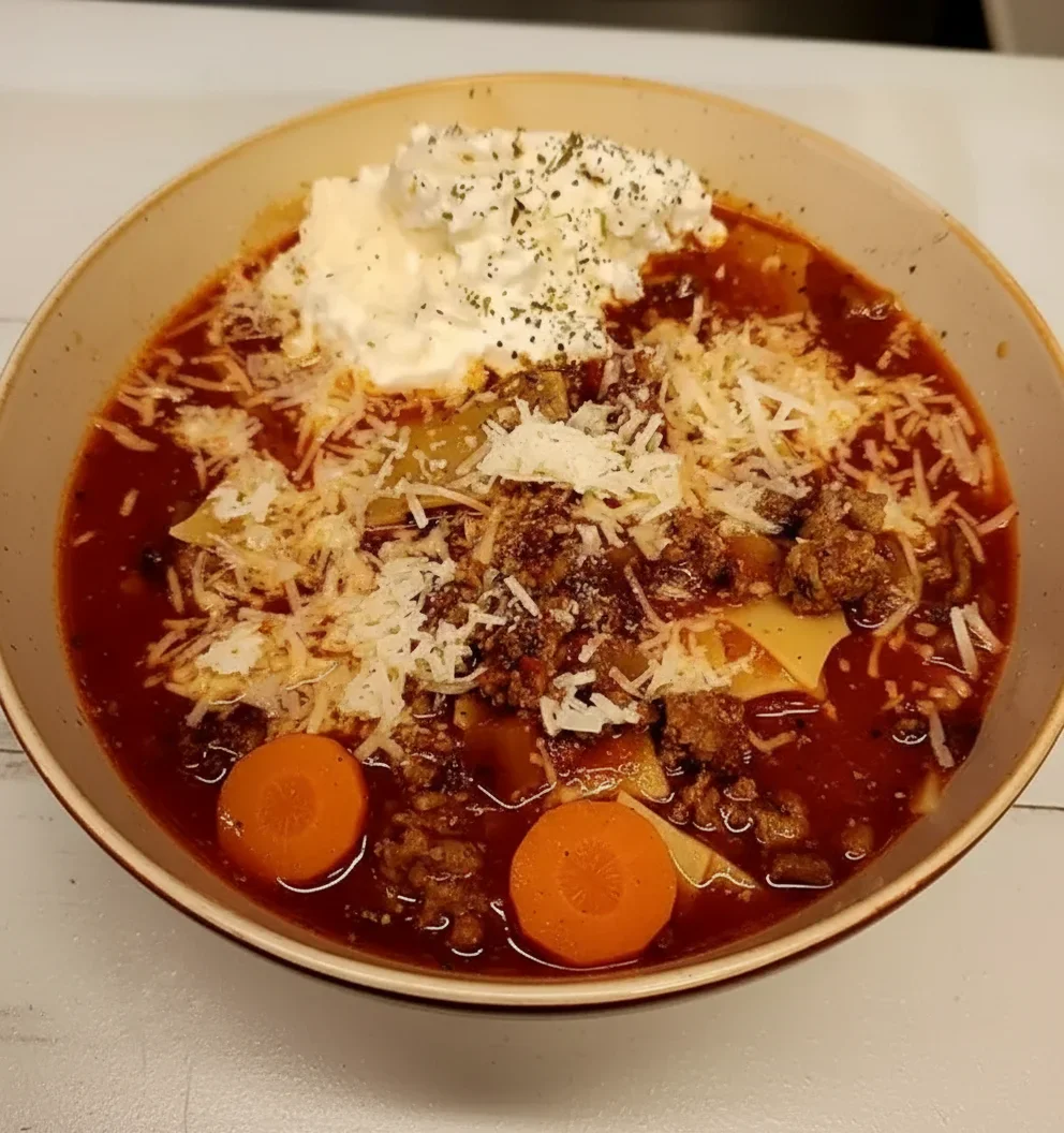 image-4.webp A bowl of beef and vegetable soup topped with sour cream, cheese, and black pepper, served in a rustic bowl.