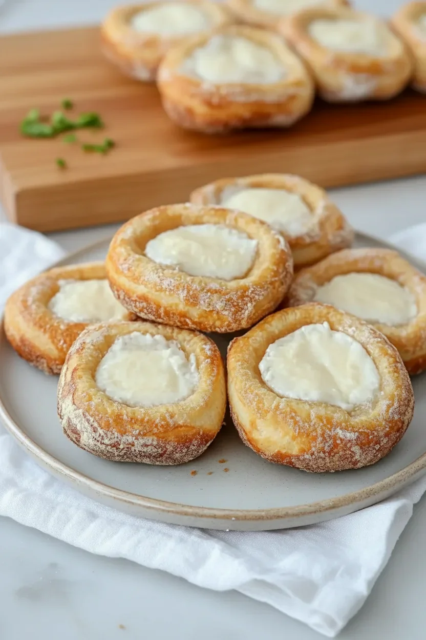 Golden Danish pastries filled with cream, dusted with powdered sugar, on a white plate with a wooden background.