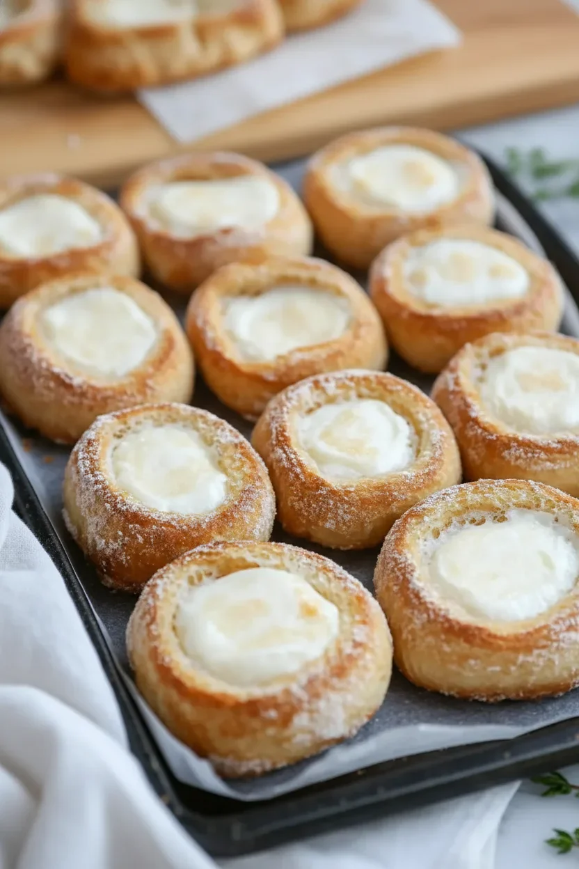 Close-up of golden brown Danish pastry bites filled with white custard on a black baking tray.