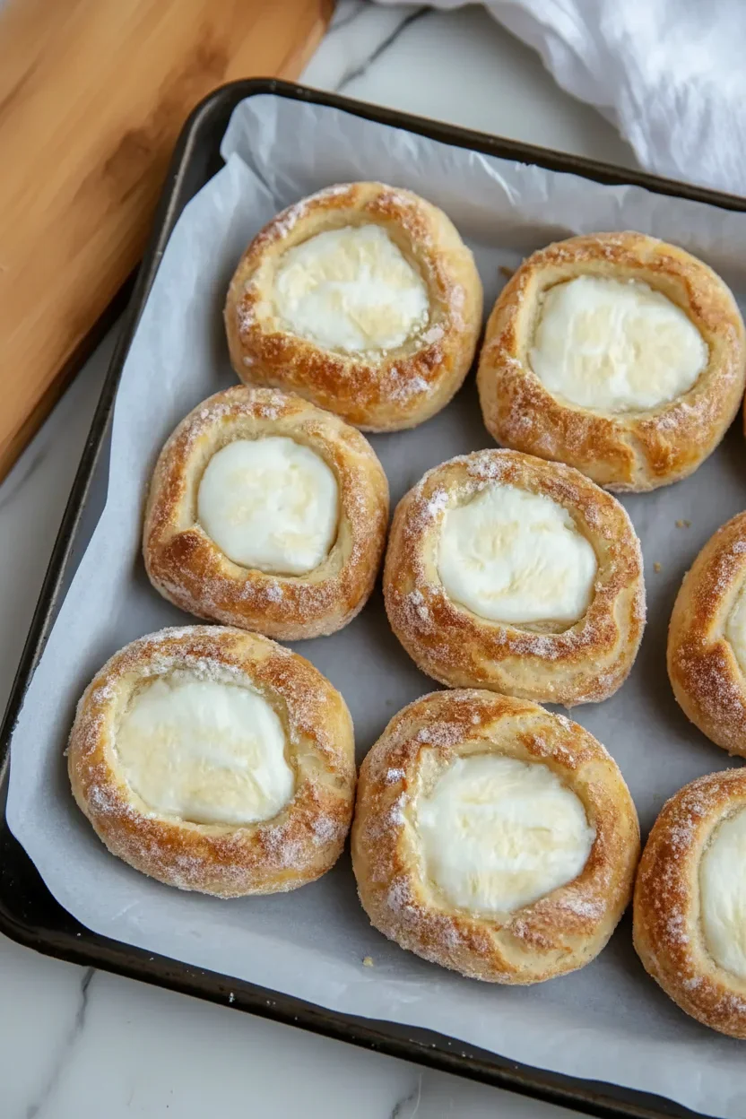 Six golden-brown cheese-filled pastries on a baking tray with powdered sugar, on a marble surface.