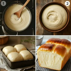 Four-panel collage showing bread dough mixing, rising, shaping, and baked loaf with golden crust.