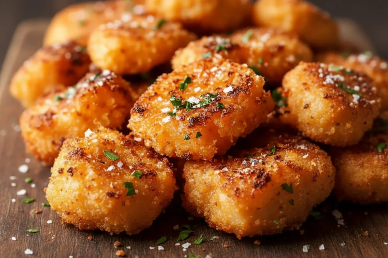 Close-up of crispy fried chicken bites garnished with parsley and sea salt.