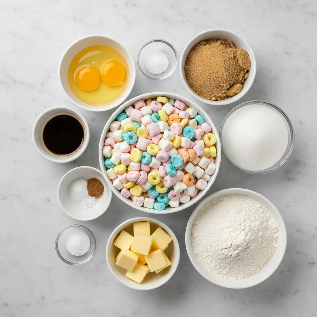Assorted baking ingredients including marshmallows, sugars, flour, and spices arranged on a light surface.