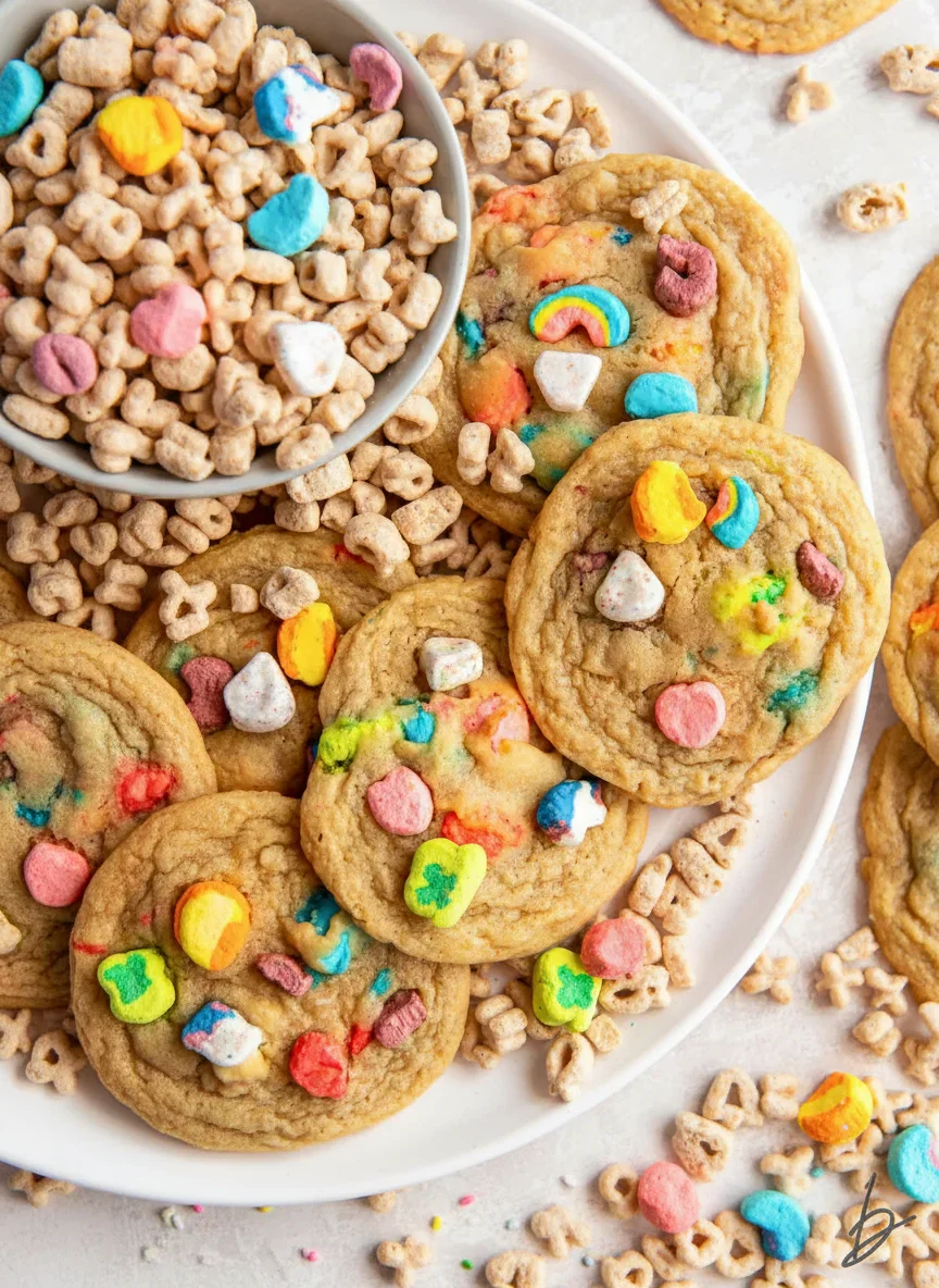 Plate of decorated cookies with colorful cereal toppings and sprinkles, scattered on a light surface.