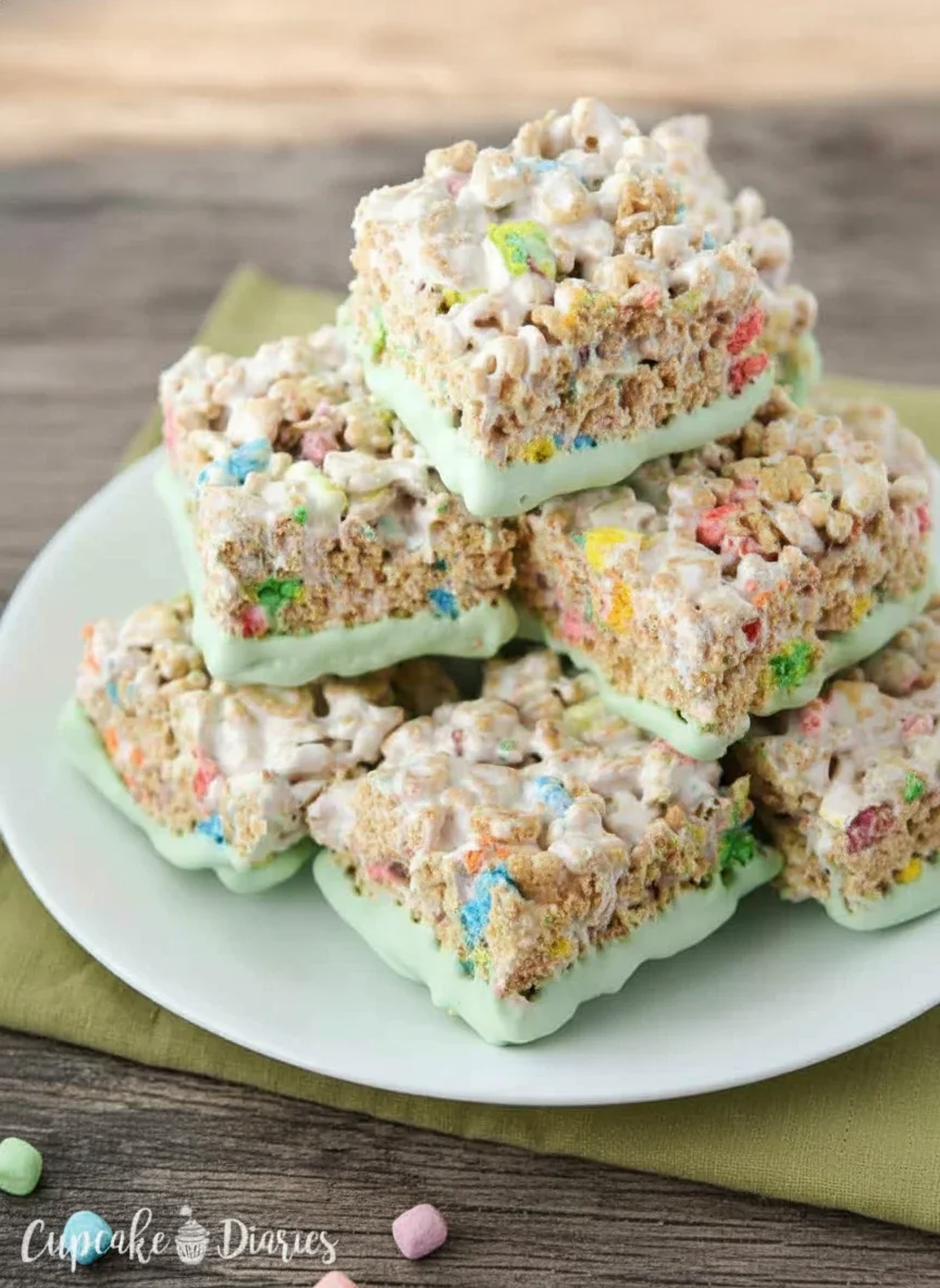 Stacked rice crispy treats with green coating and colorful marshmallows on a white plate.