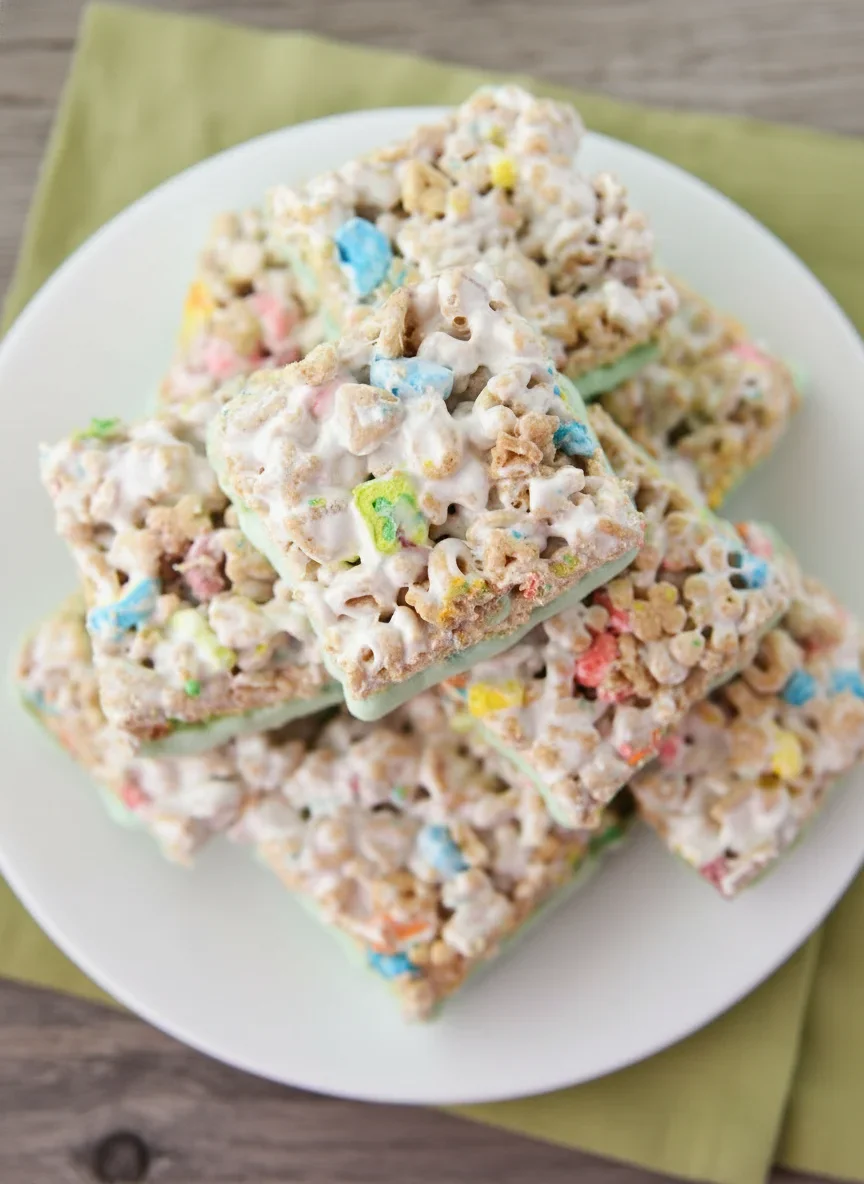 Close-up of colorful rice cereal treats on a white plate with pastel cereal pieces and marshmallow coating.