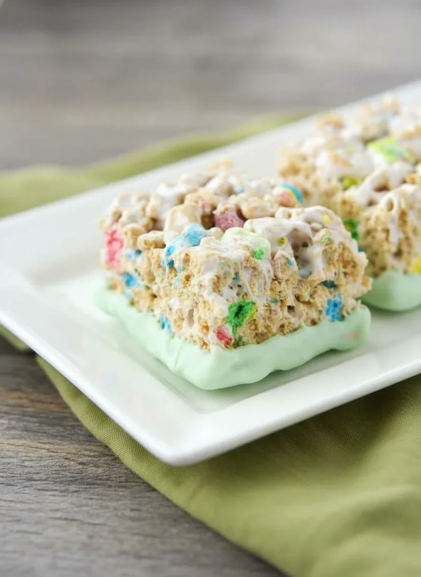 A rectangular rice crispy treat topped with marshmallows and cereal pieces on a white plate.