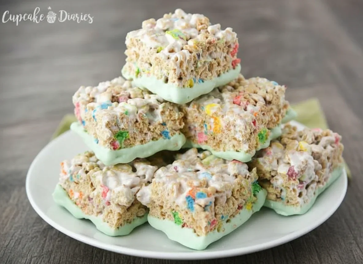 Stack of rice cereal treats with green icing and colorful marshmallows on a white plate.