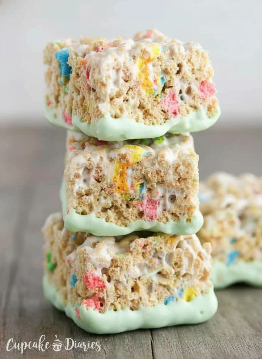 Stacked colorful rice cereal treats with marshmallow coating and sprinkles, on a neutral background.