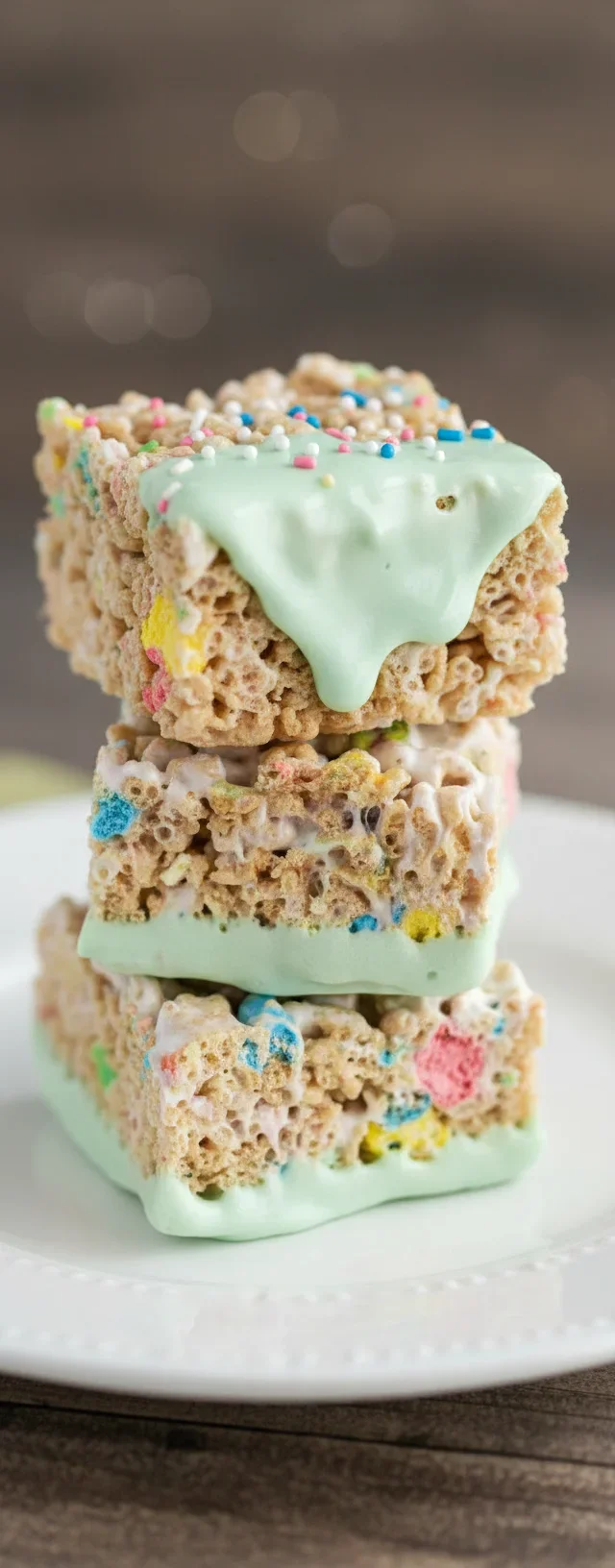 Stacked rice cereal treats with colorful sprinkles and green icing, on a neutral background.