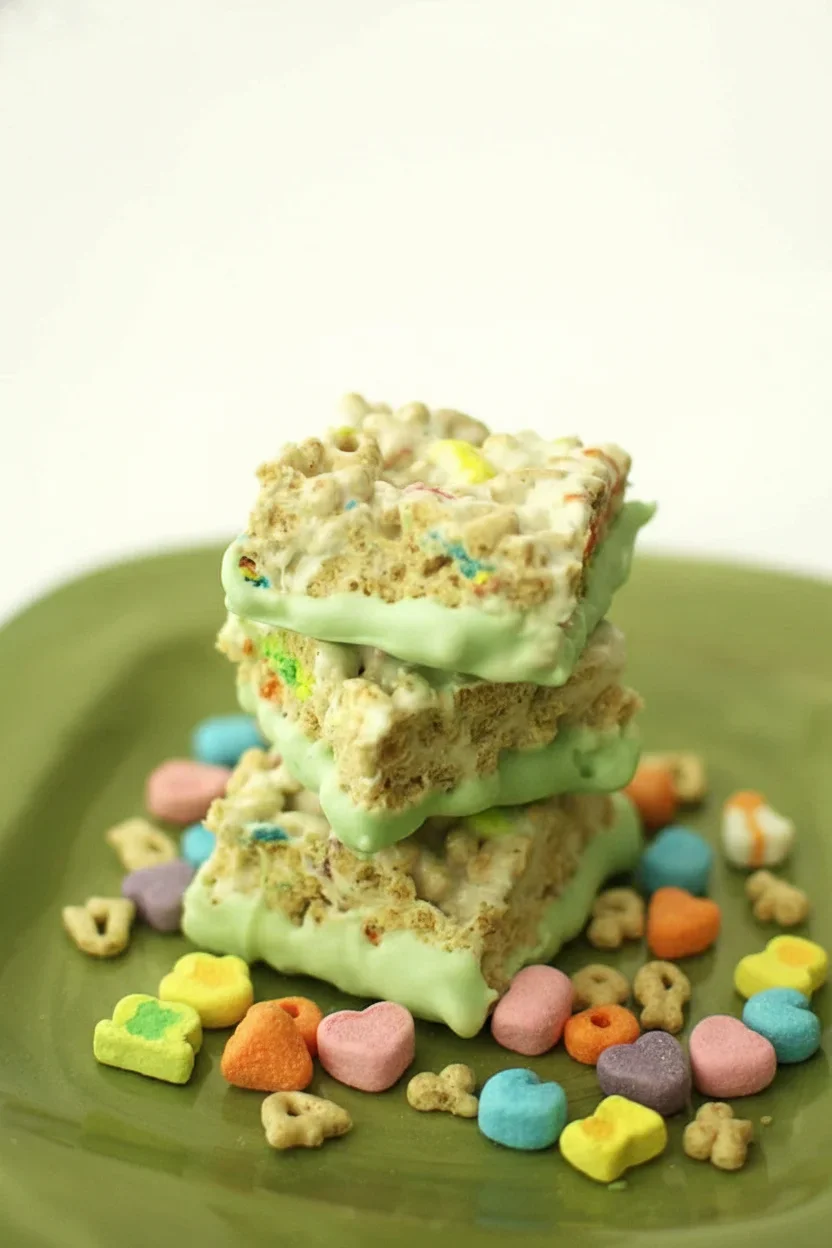 Stacked Lucky Charms treats with pastel green icing on a green plate, surrounded by colorful cereal pieces.