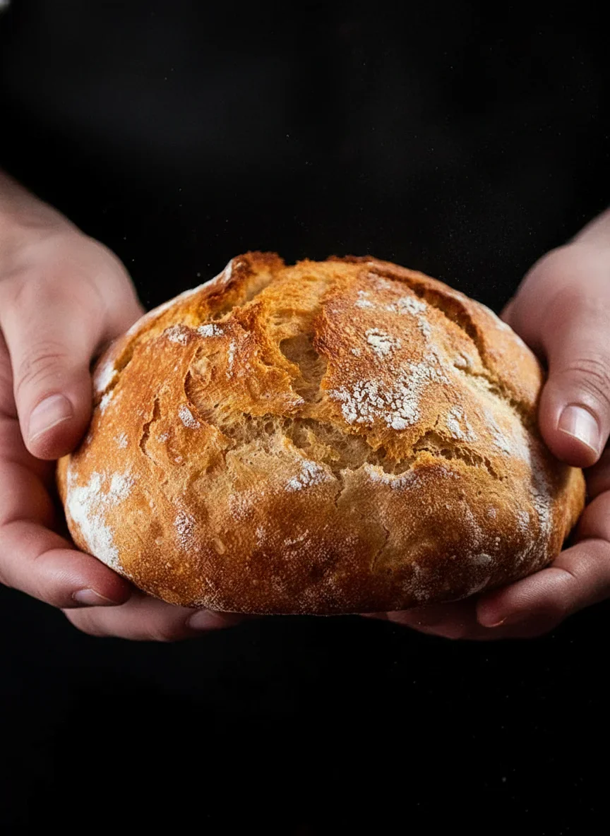 Close-up of a freshly baked round bread loaf with a crispy crust and soft interior, held by two hands.