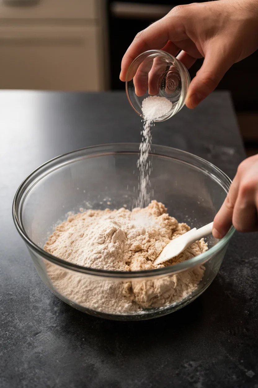 Sequence of images showing the steps to make dough, including adding ingredients and mixing in a bowl.