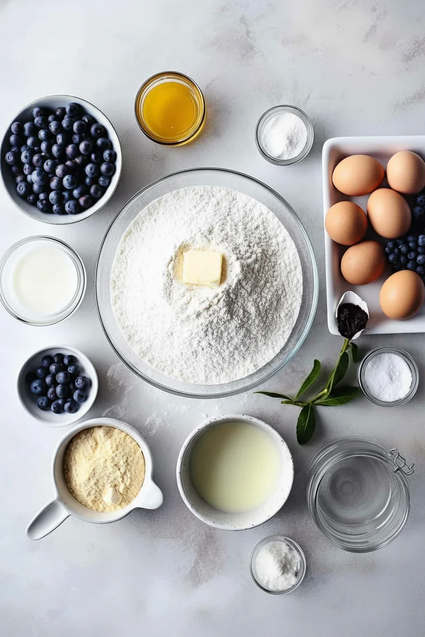 Bowl of fresh blueberries with ingredients for blueberry muffins around it.