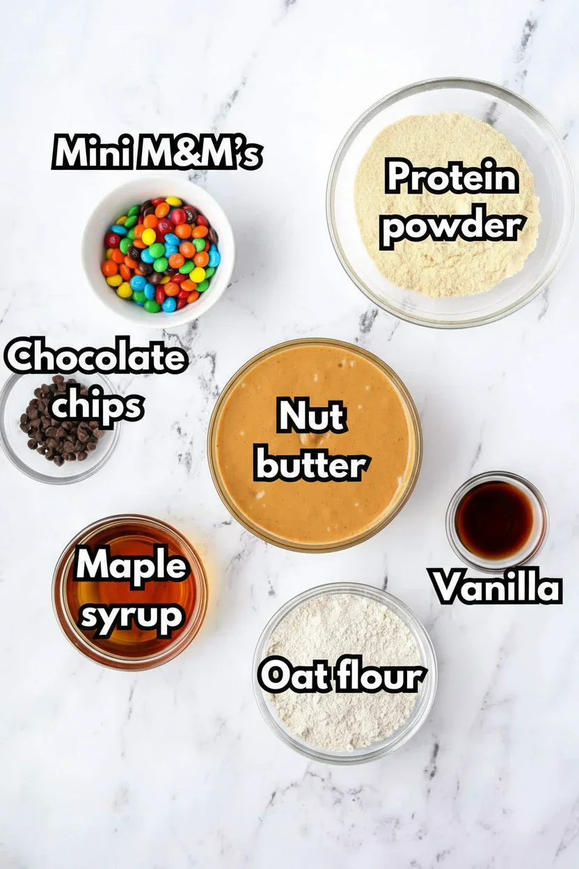 monstercookieproteinbars-2.jpg Assorted ingredients for a recipe including M&M's, protein powder, chocolate chips, nut butter, vanilla, maple syrup, and oat flour arranged on a white marble surface.