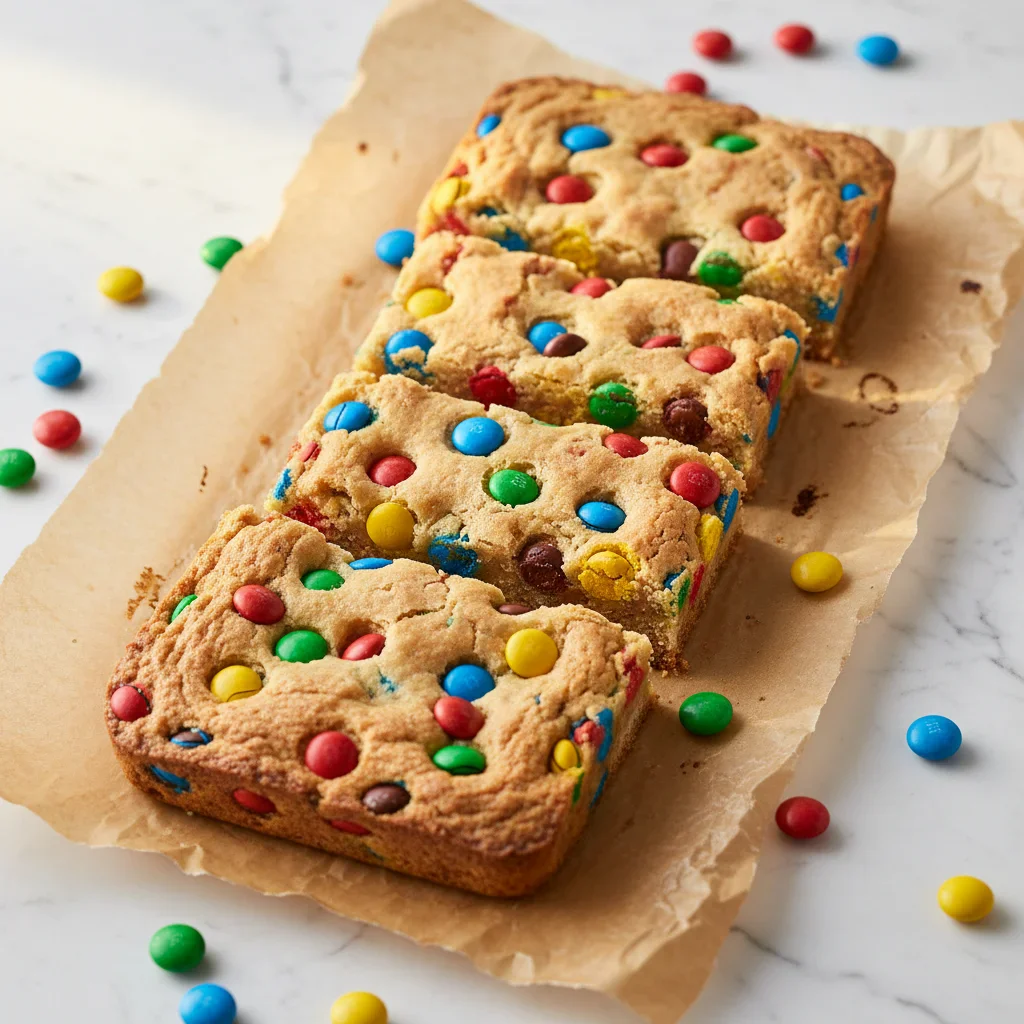 monstercookieproteinbars-300x300.jpg A rectangular cookie bar decorated with colorful candies, sliced into pieces on parchment paper.