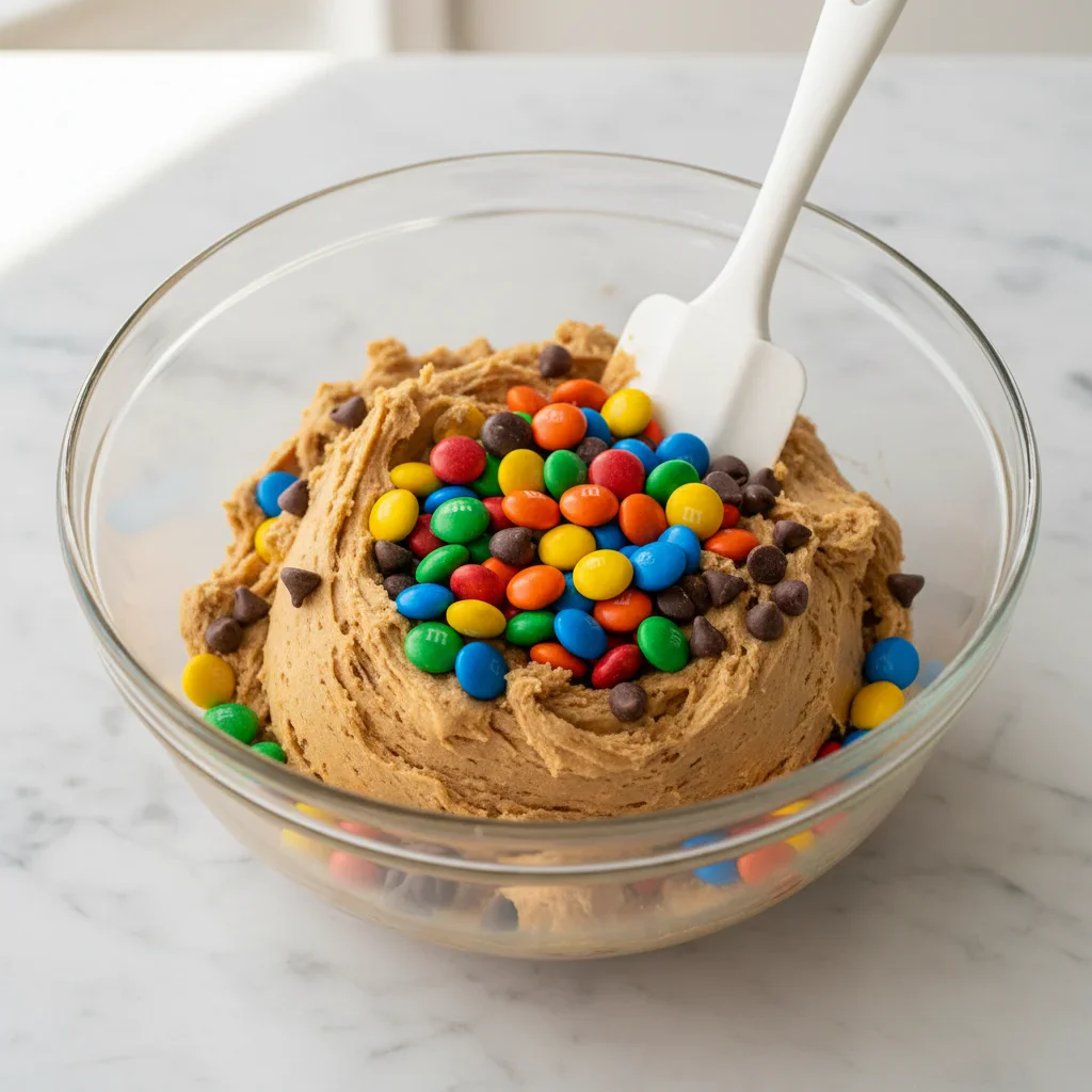 monsterproteinbarsSCALED-1-of-8.jpg Cookie dough in a glass bowl topped with colorful chocolate chips and M&Ms, with a white spatula inside.
