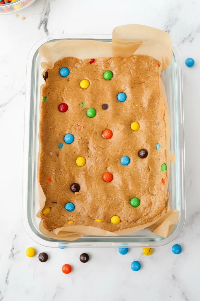 monsterproteinbarsSCALED-3-of-8.jpg Unbaked cookie dough in a glass dish topped with colorful M&M candies on a white marble surface.